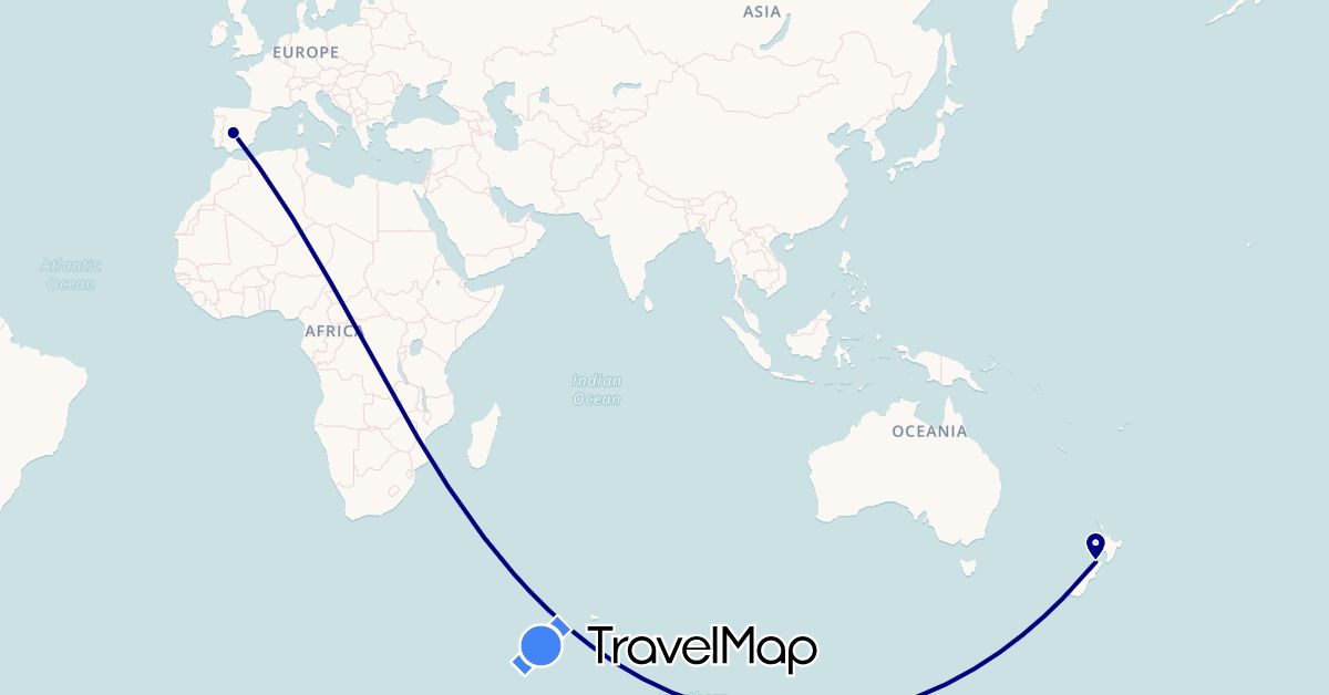 TravelMap itinerary: driving in Spain, New Zealand (Europe, Oceania)